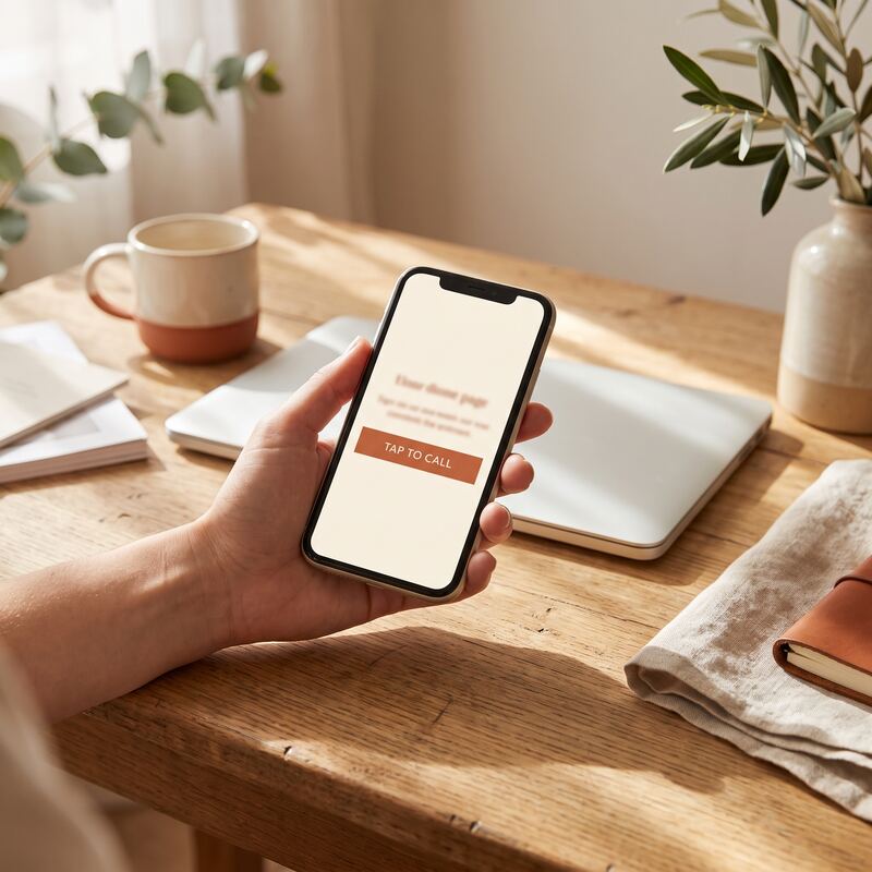 Testing a mobile landing page on a phone — checking load speed and tap-to-call before running Google Ads Testing a mobile landing page on a phone — checking load speed and tap-to-call before running Google Ads
