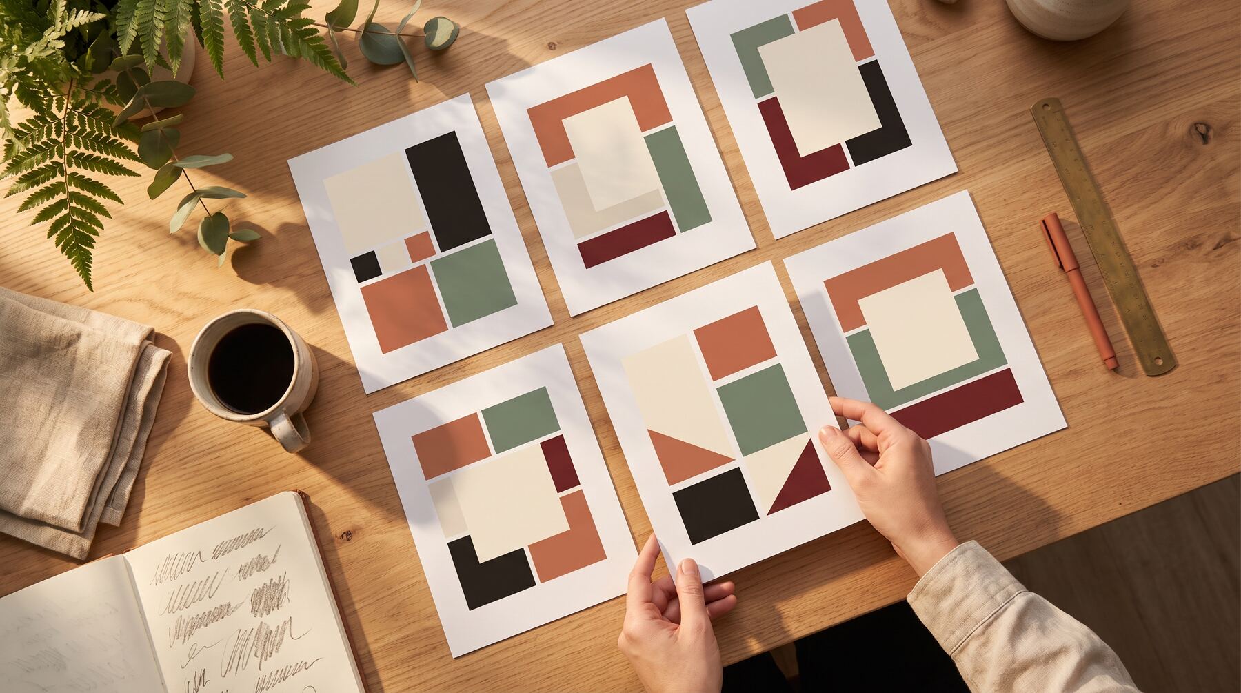 Choosing between six brand visual styles — printed design boards compared on a timber desk in warm light