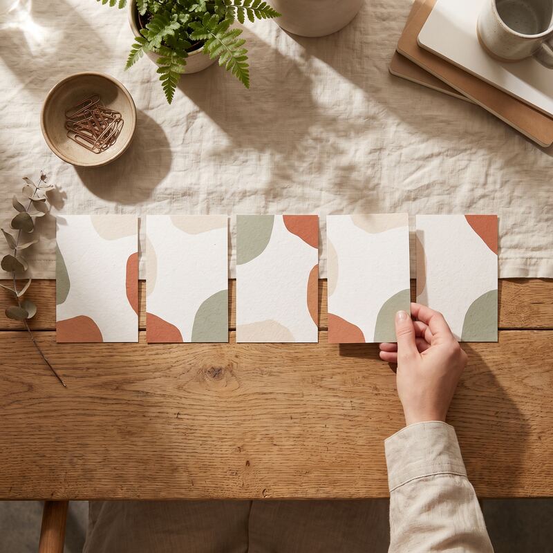 A consistent brand visual style applied across a set of marketing graphics laid out on a linen surface A consistent brand visual style applied across a set of marketing graphics laid out on a linen surface