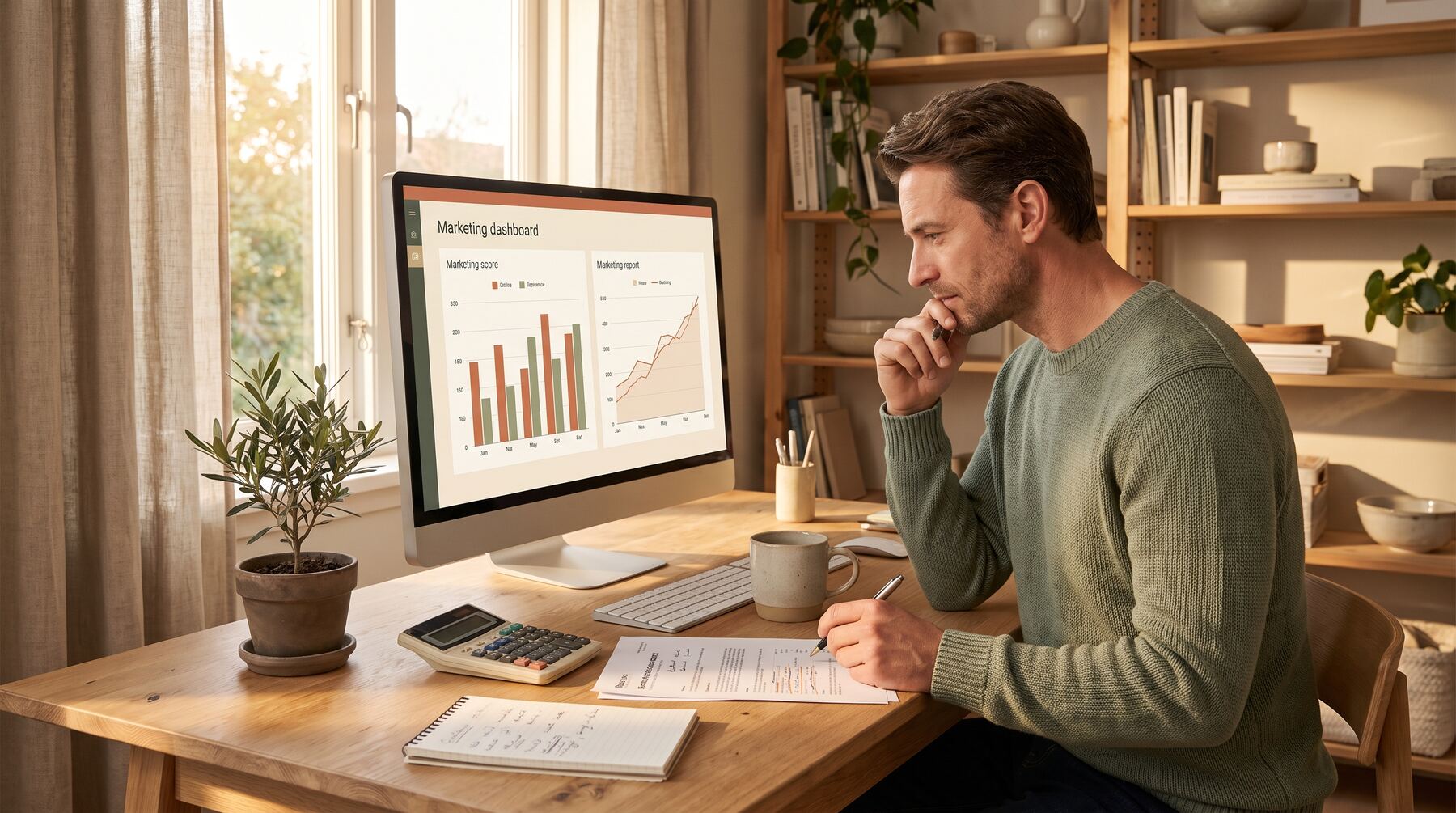 Perth business owner tracking marketing metrics on a warm cream dashboard with terracotta and sage charts