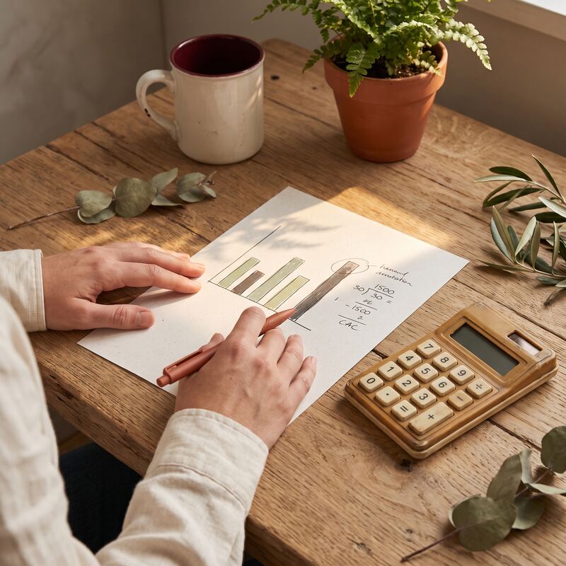 Calculating customer acquisition cost and lifetime value by hand with a calculator and printed marketing report Calculating customer acquisition cost and lifetime value by hand with a calculator and printed marketing report