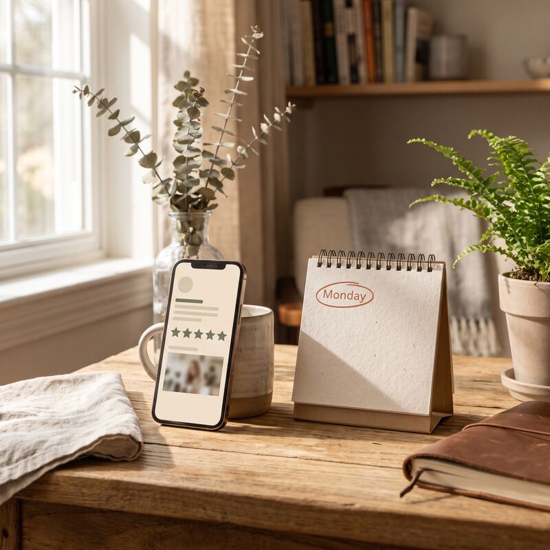 Weekly Google Business Profile update routine — phone and Monday calendar reminder on a warm timber desk