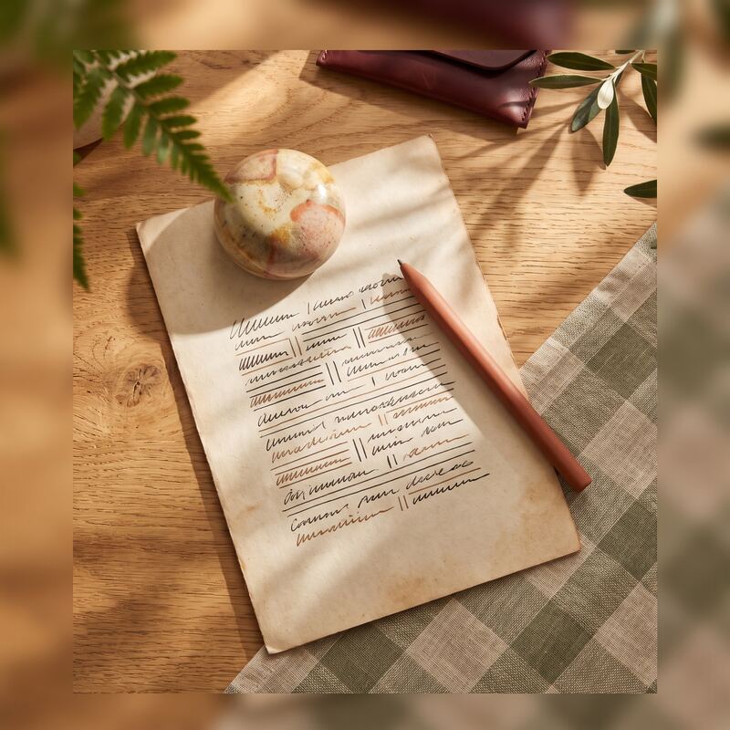 Printed question-and-answer draft for a business agents.txt file with pen on a warm timber desk, AI discovery planning