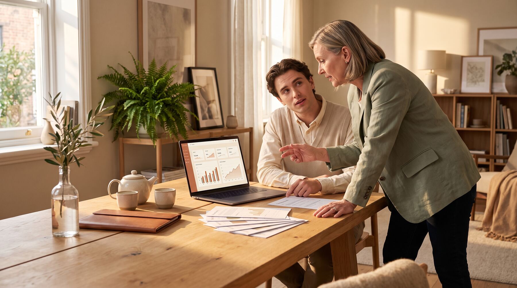 Accountants reviewing AI-generated client report commentary on a laptop with printed financials in a warm Australian office