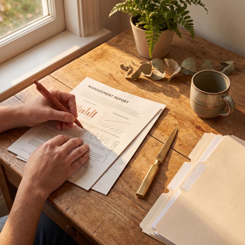 Accountant reviewing AI-drafted report narrative on paper with handwritten notes, client advisory preparation on timber desk