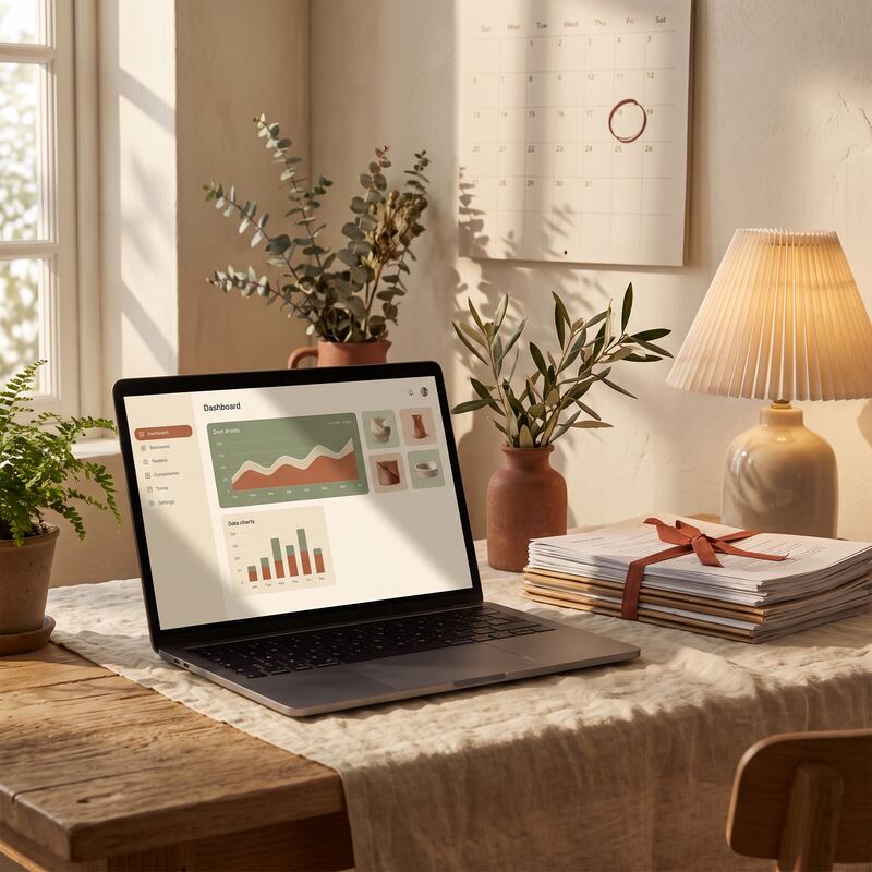 Practice management laptop dashboard with warm cream charts beside accounting working papers, AI workflow integration