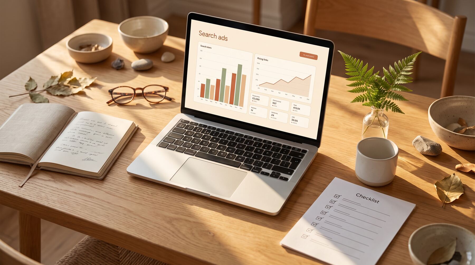 Small business AI automation planning desk with laptop dashboard, checklist and notebook in warm golden Australian light