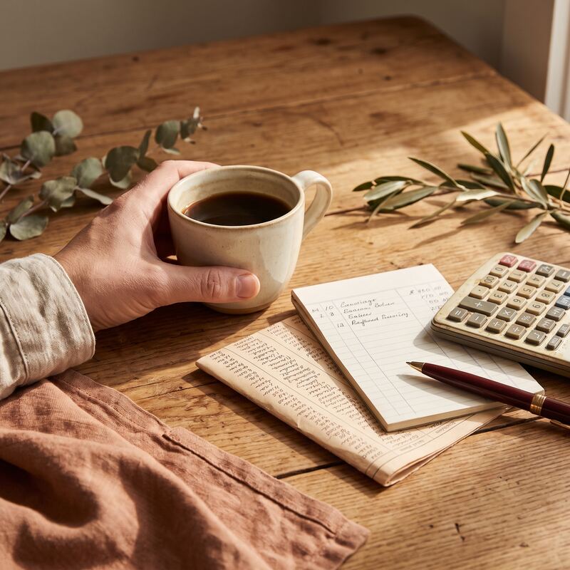 Small business owner weighing AI automation costs with calculator, ledger and coffee on a warm timber desk in natural light Small business owner weighing AI automation costs with calculator, ledger and coffee on a warm timber desk in natural light