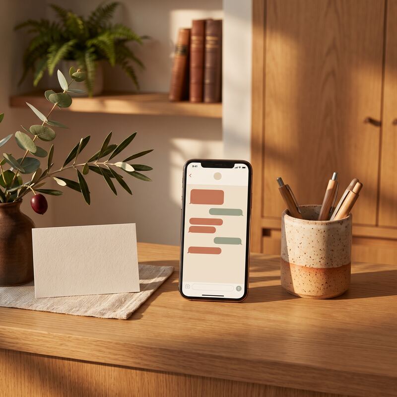 Phone showing automated patient reminder messages on a dental reception counter, AI appointment communication for practices