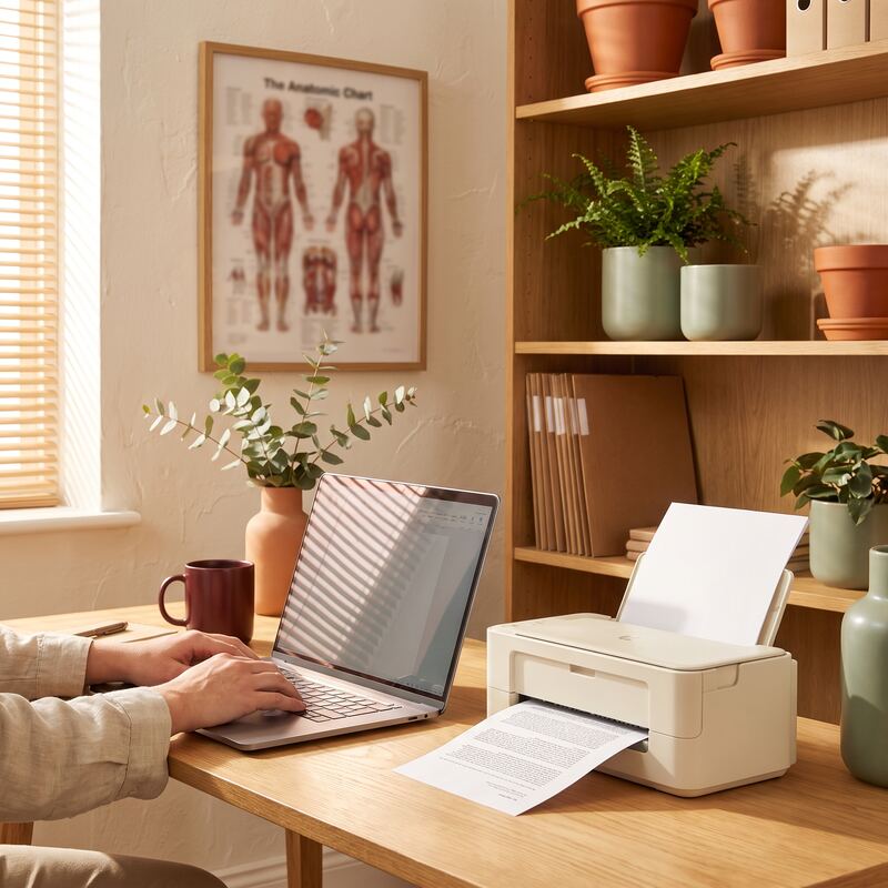 Dental practice laptop and printed referral letter on a warm timber desk, AI-assisted documentation for dentists