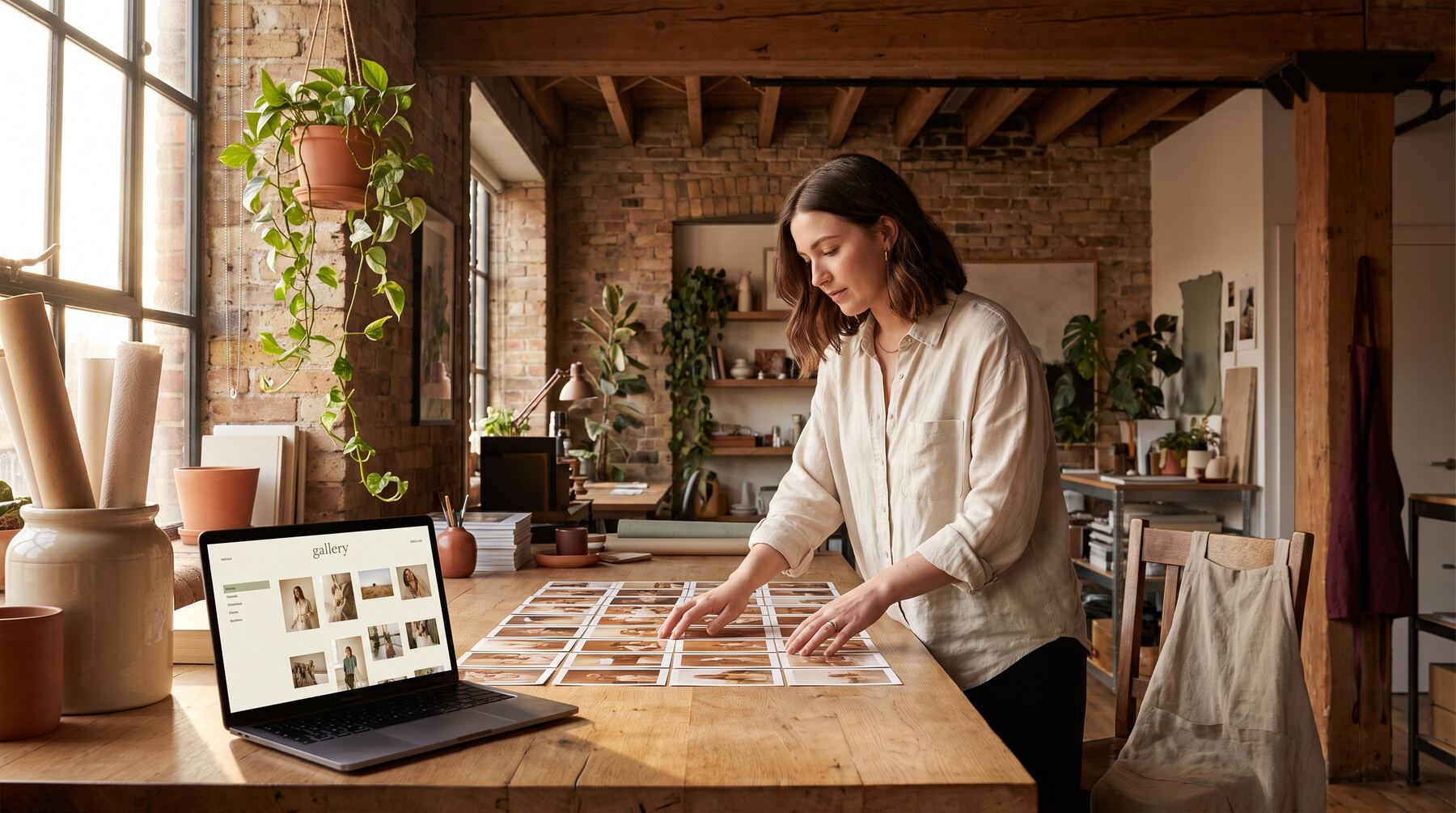 Marketer curating AI-generated image proofs on a timber worktable in a warm brick studio, visual content strategy in action