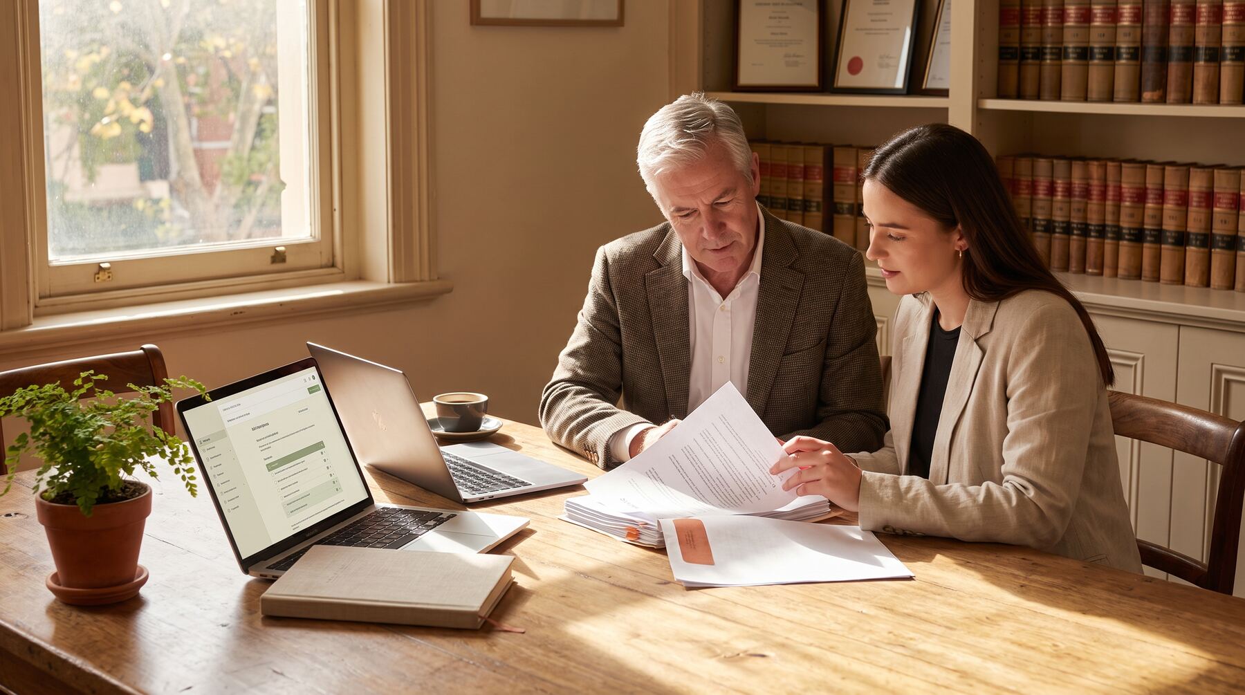 Law firm partners reviewing AI-assisted document analysis on a laptop beside printed contracts in a warm Australian office
