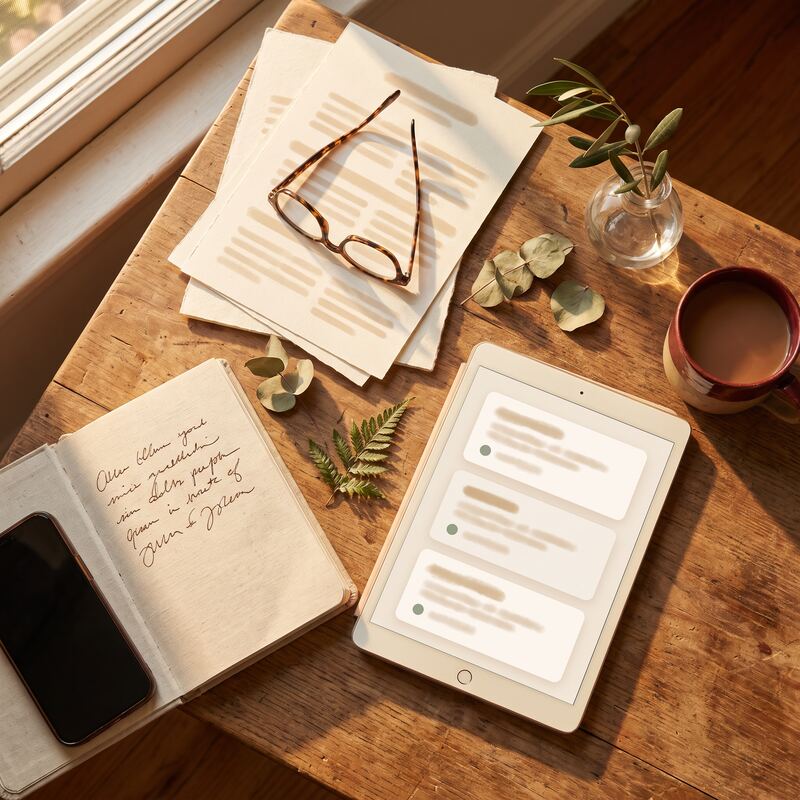 Overhead view of a law partner's desk with tablet showing AI-drafted correspondence queue, notebook and reading glasses
