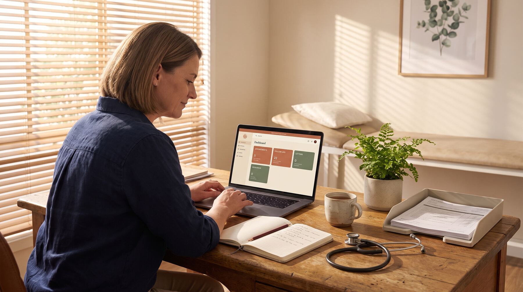 Australian GP reviewing an AI-assisted practice admin dashboard on a laptop after hours in a warm consulting room