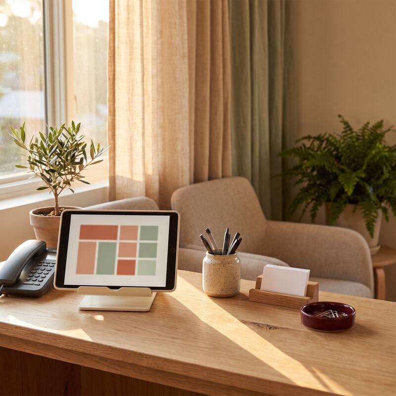 Medical practice reception tablet displaying an AI-managed appointment schedule with warm terracotta and sage interface Medical practice reception tablet displaying an AI-managed appointment schedule with warm terracotta and sage interface