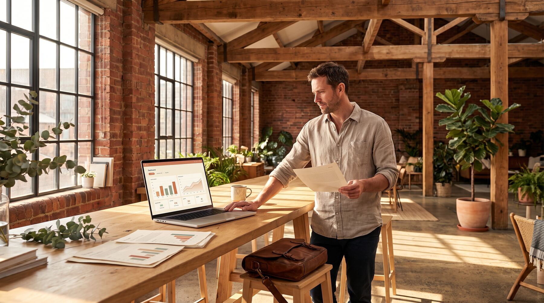 Marketing consultant weighing Google Ads strategy changes for AI Overviews at a warehouse office window with an ads dashboard