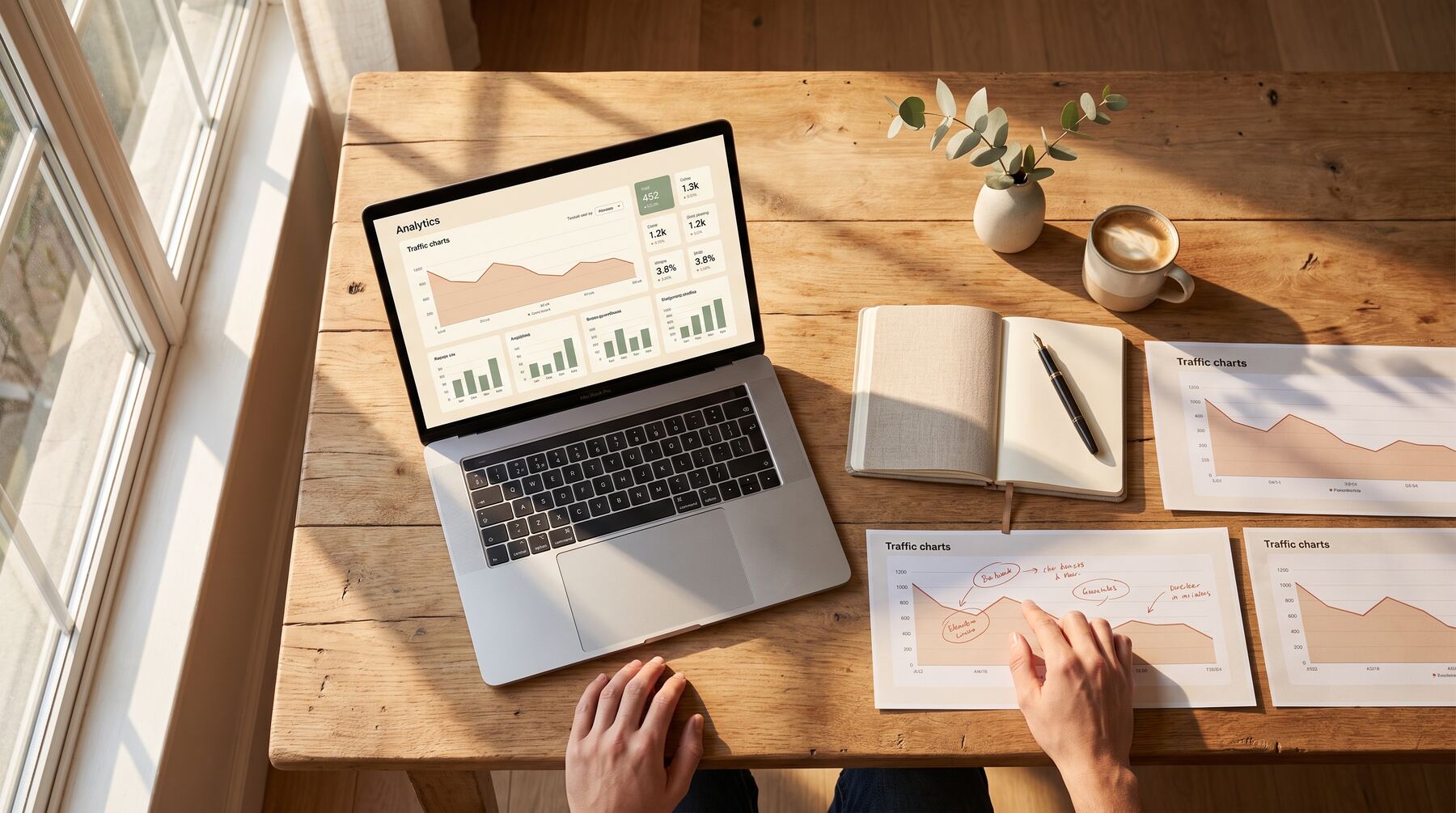 Overhead desk review of website traffic decline charts and analytics dashboard, diagnosing AI Overviews impact for an Australian business