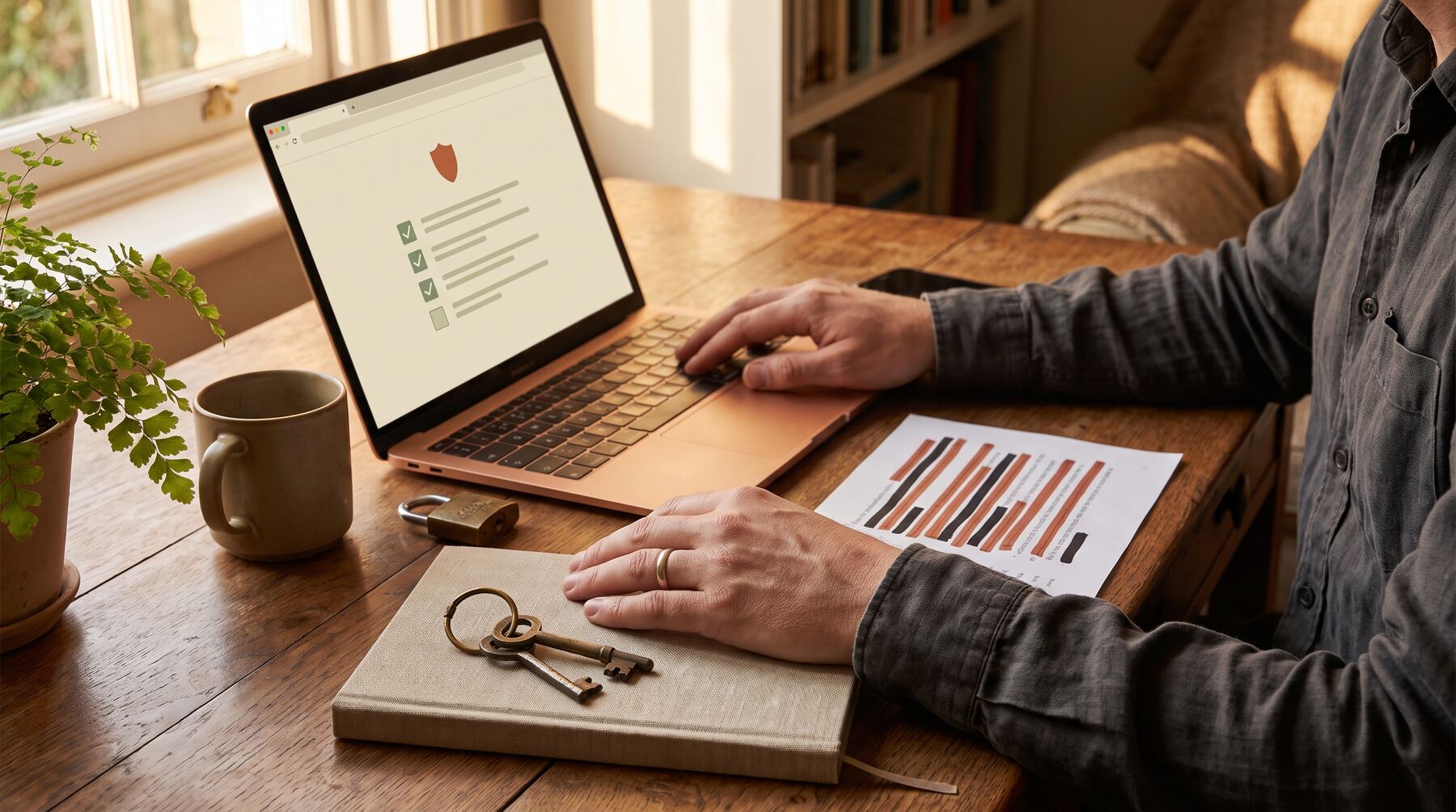 Hands at a laptop running a monthly AI security audit checklist, with keys and padlock on a warm timber desk