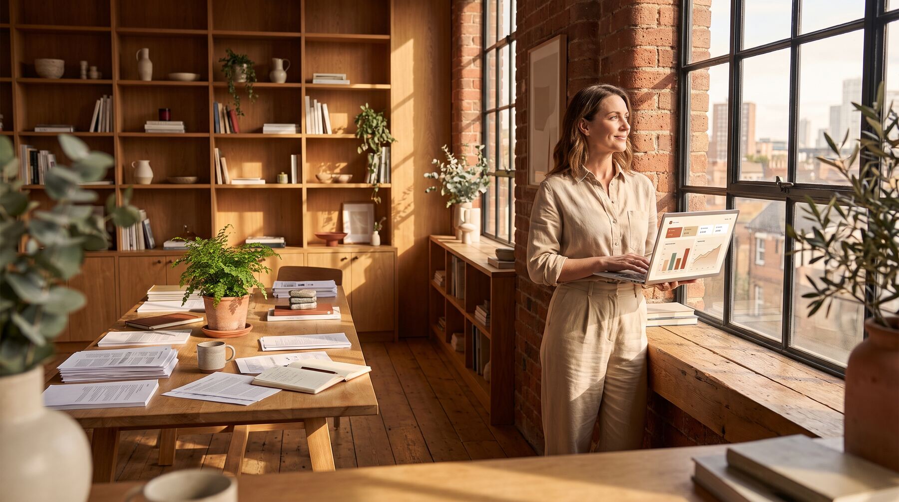 Australian business owner with laptop dashboard at a warm brick-and-timber office window, exploring AI SEO discoverability