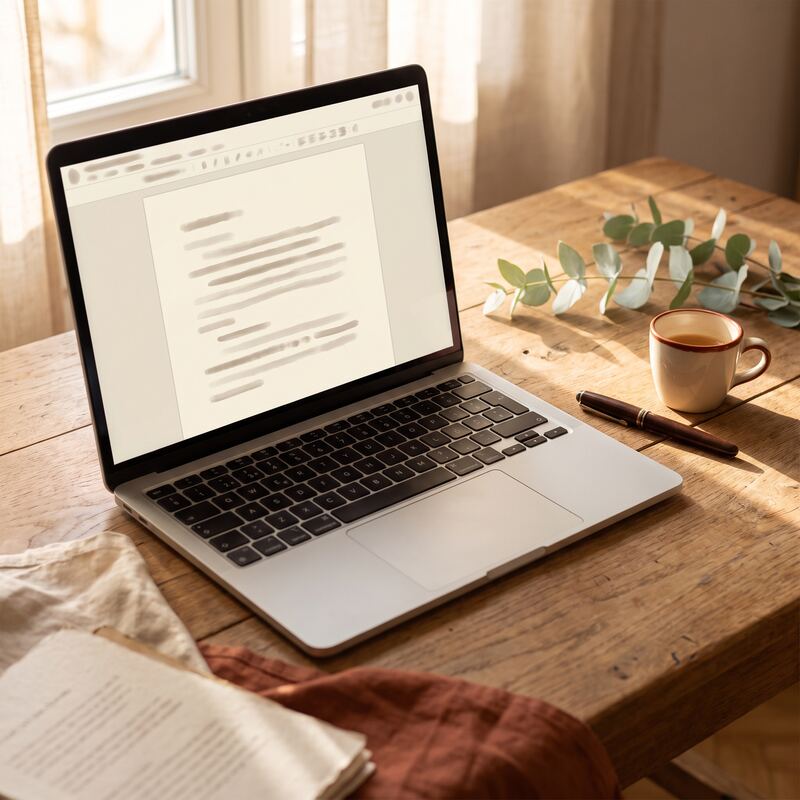Laptop showing a structured llms.txt-style business summary file on a timber desk, core component of AI SEO setup