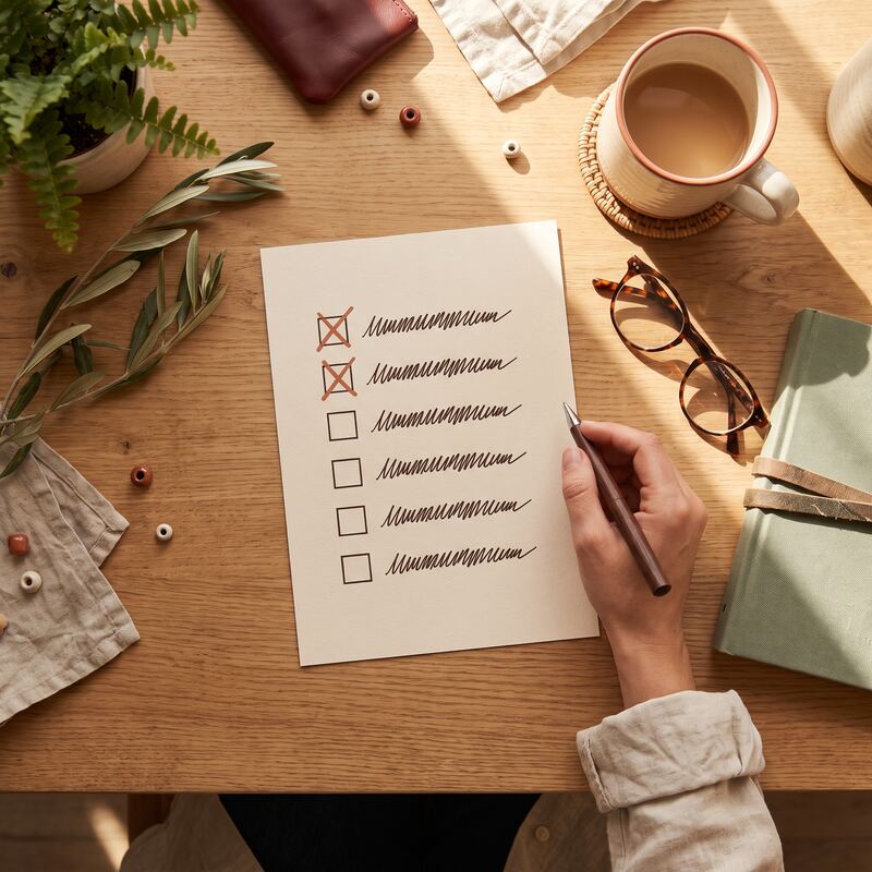 Hand ticking off a printed AI SEO implementation checklist with terracotta pen on a warm sunlit Australian office desk