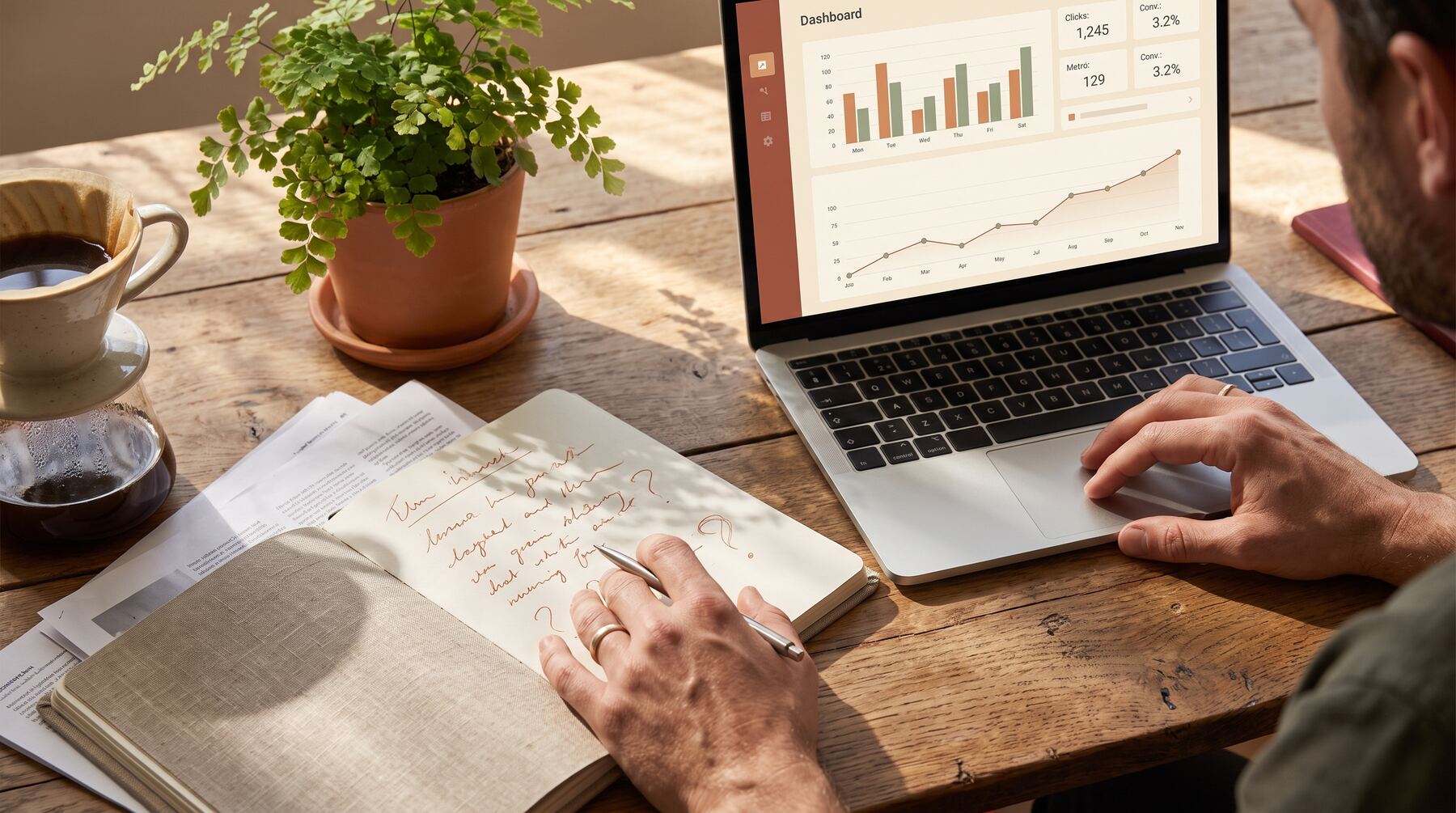 Hands with notebook and laptop dashboard answering AI SEO questions about ChatGPT and Claude visibility at a sunlit desk