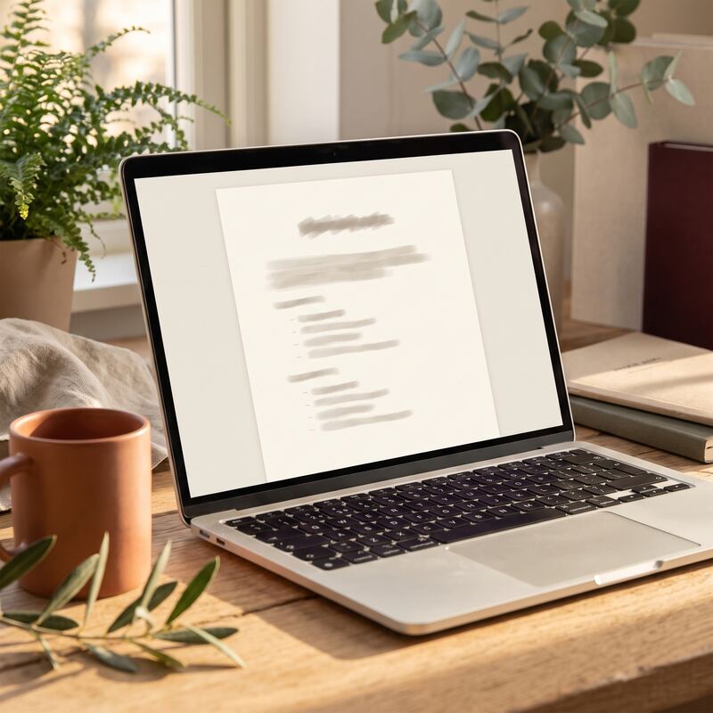 Close-up of an llms.txt-style AI discovery file open on a laptop in warm natural light, key tool for AI SEO