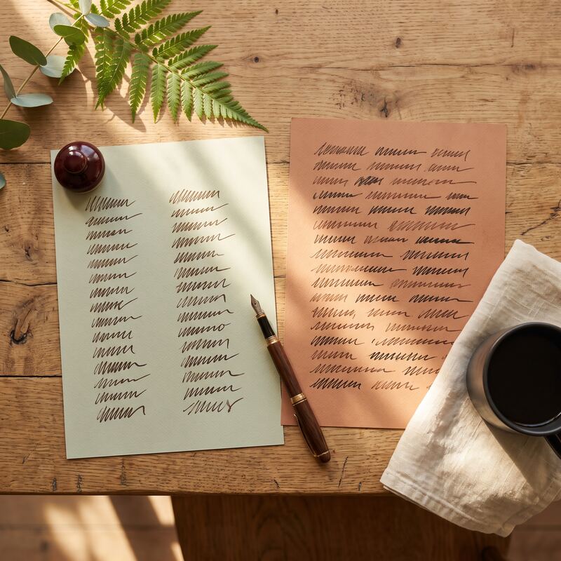 Printed comparison sheets contrasting traditional SEO with Answer Engine Optimisation on a warm timber strategy desk