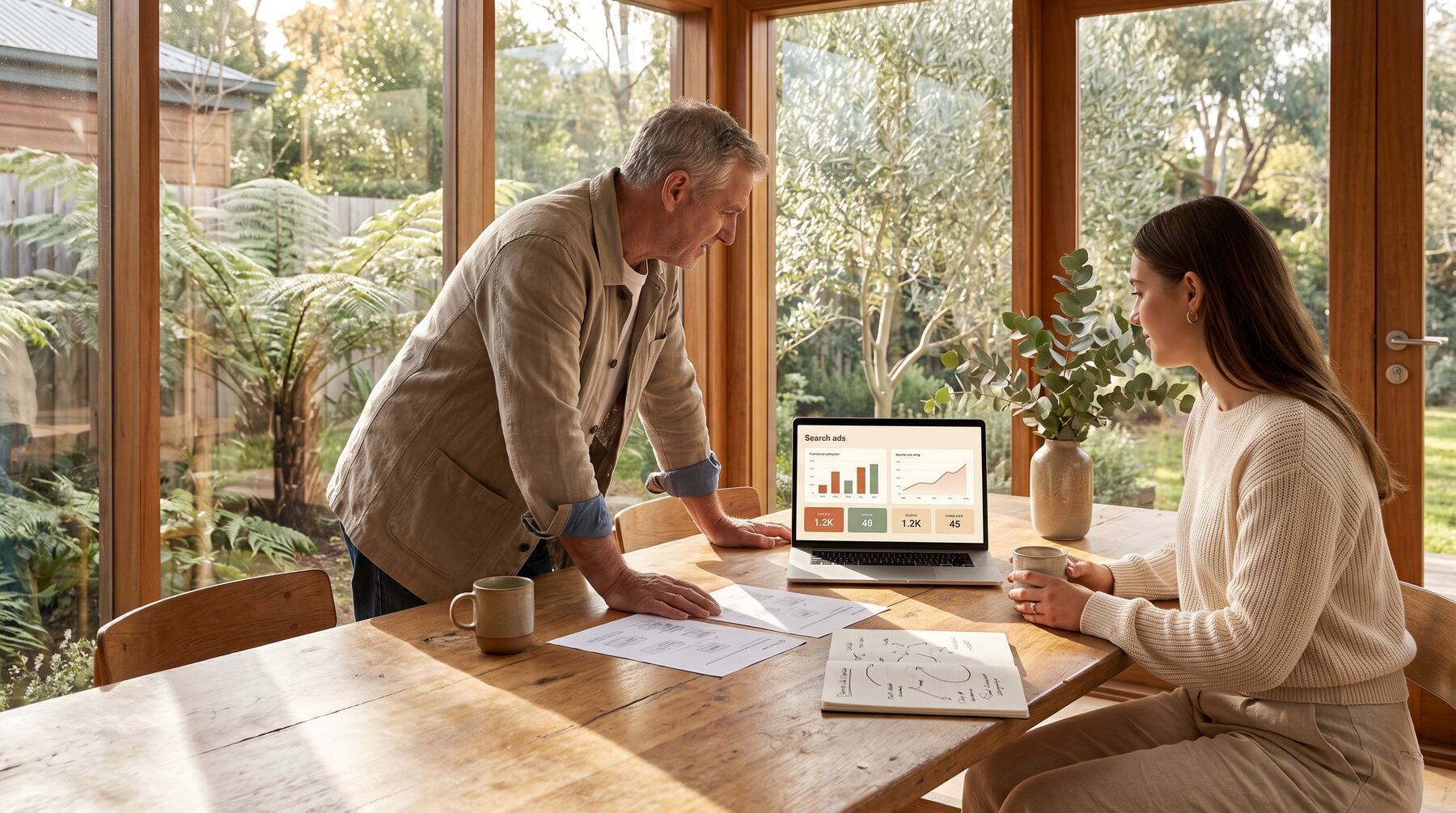 Small business owner and consultant reviewing AI skills automation workflow on laptop at a warm timber table in Australia