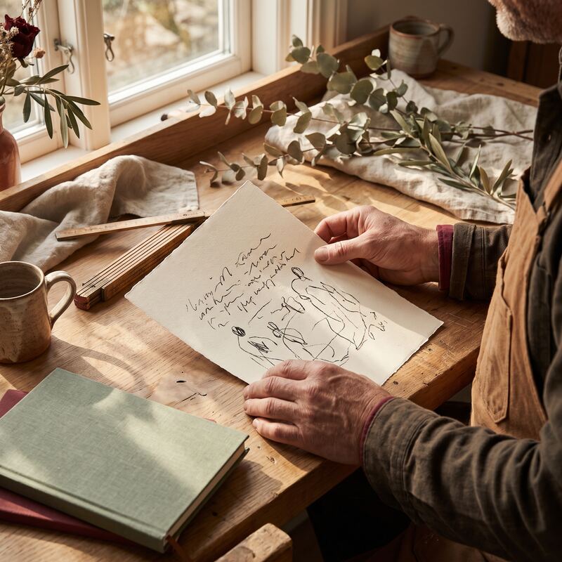 Tradesperson's hands holding a printed quote template above a timber desk, the kind of repeat task AI skills can automate Tradesperson's hands holding a printed quote template above a timber desk, the kind of repeat task AI skills can automate
