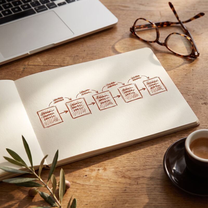 Hand-sketched workflow chain in a notebook showing AI skills stacking together to automate a small business process Hand-sketched workflow chain in a notebook showing AI skills stacking together to automate a small business process