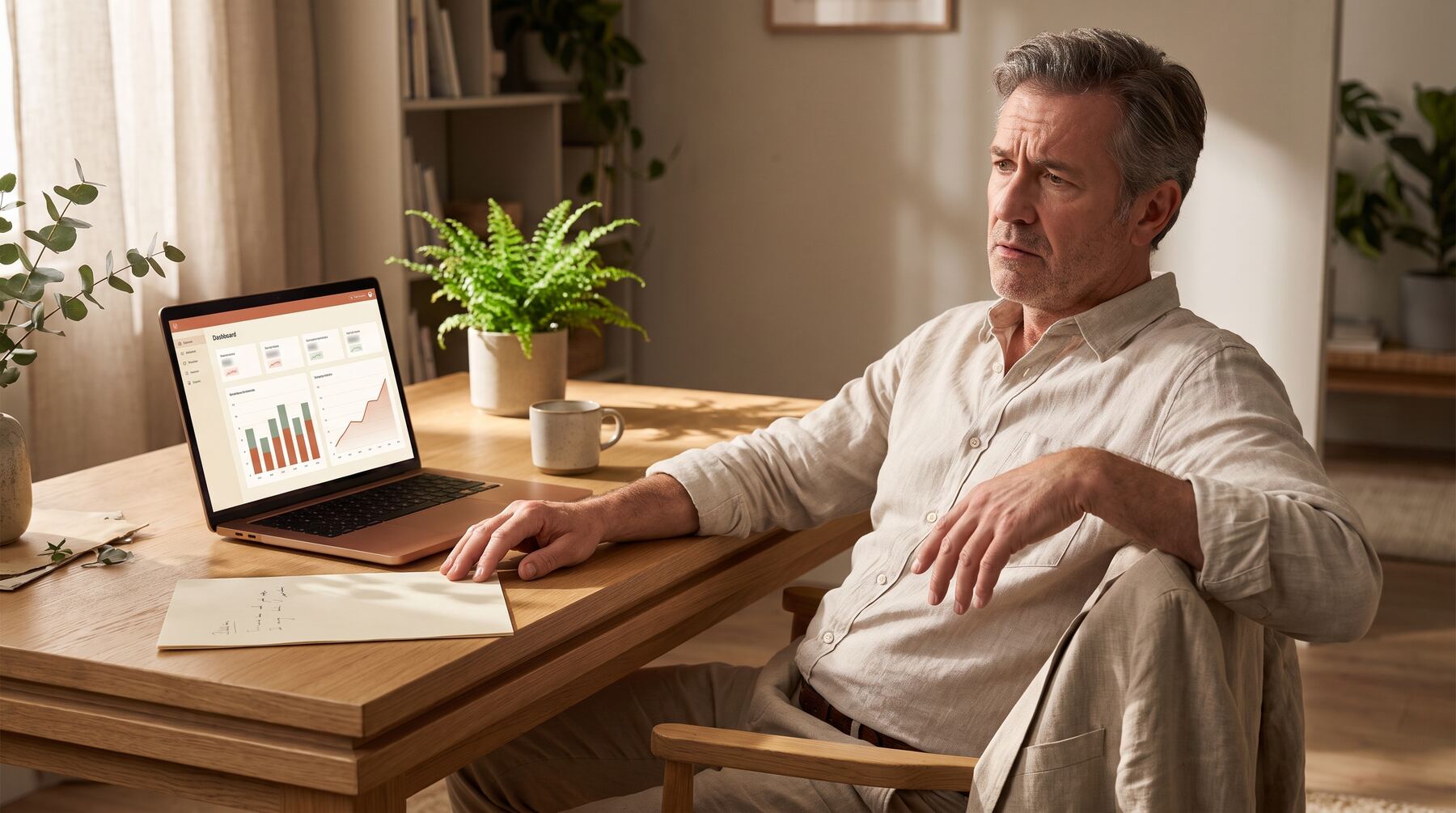 Business owner comparing a healthy rankings dashboard with a near-empty AI visibility report, illustrating the AI visibility gap