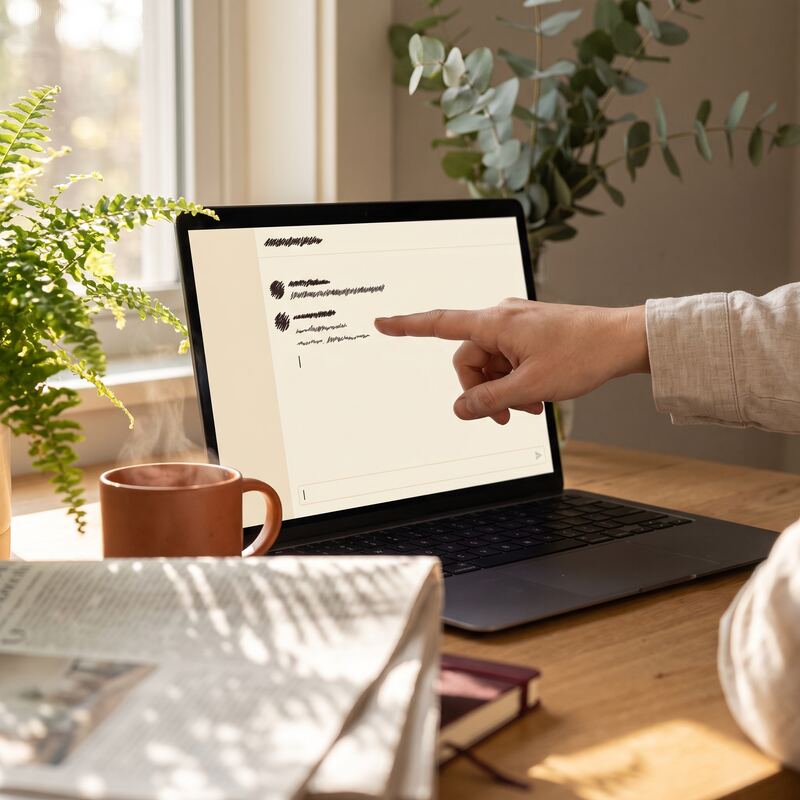 Hand pointing at an AI assistant chat interface on a laptop, testing whether a business appears in AI recommendations