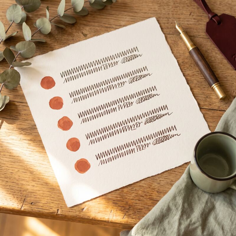Handwritten five-point AI visibility action plan on cream paper with fountain pen on a warm sunlit timber desk