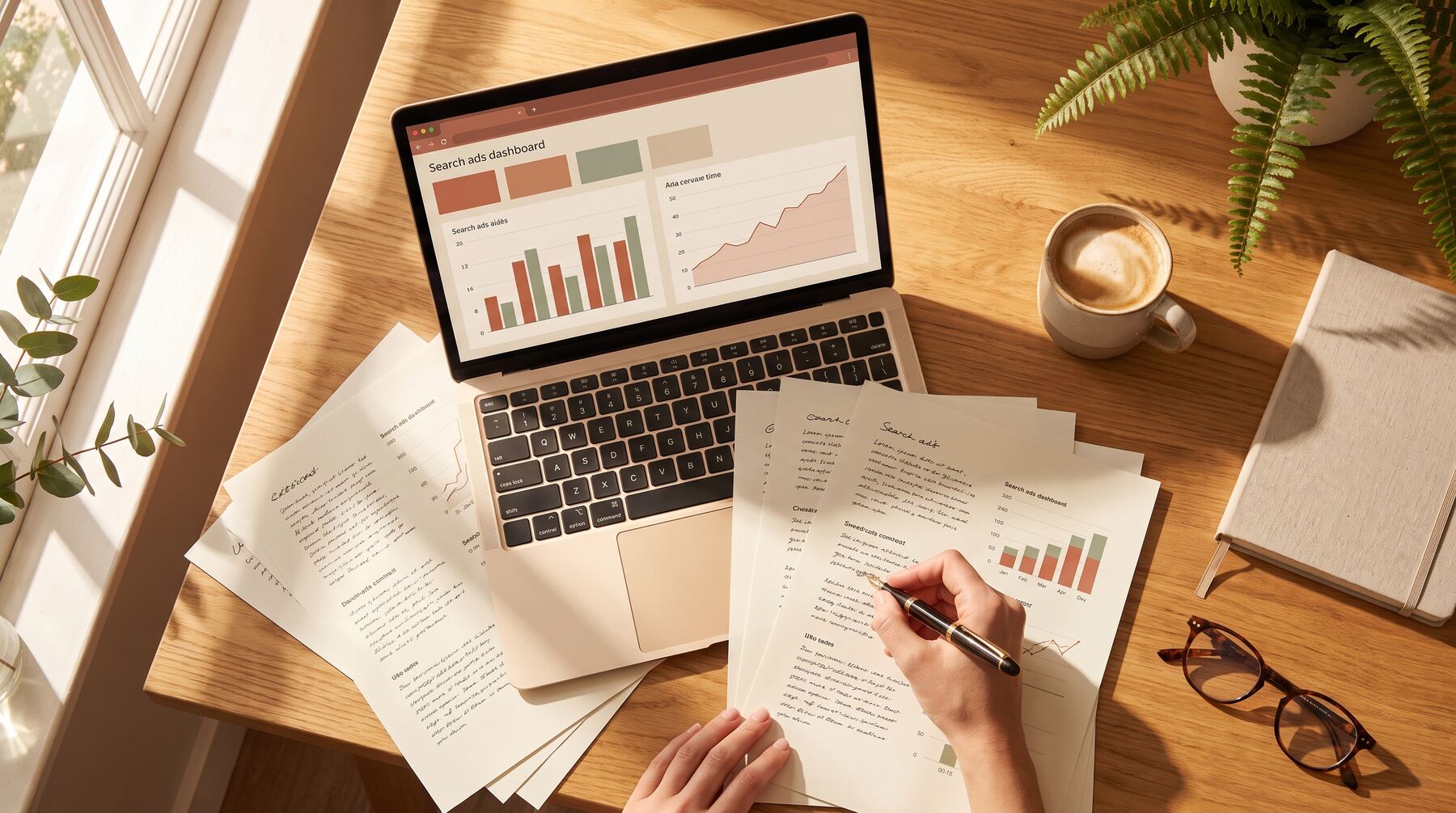 Overhead strategy desk with Google Ads-style dashboard and printed keyword match type comparisons in warm golden light