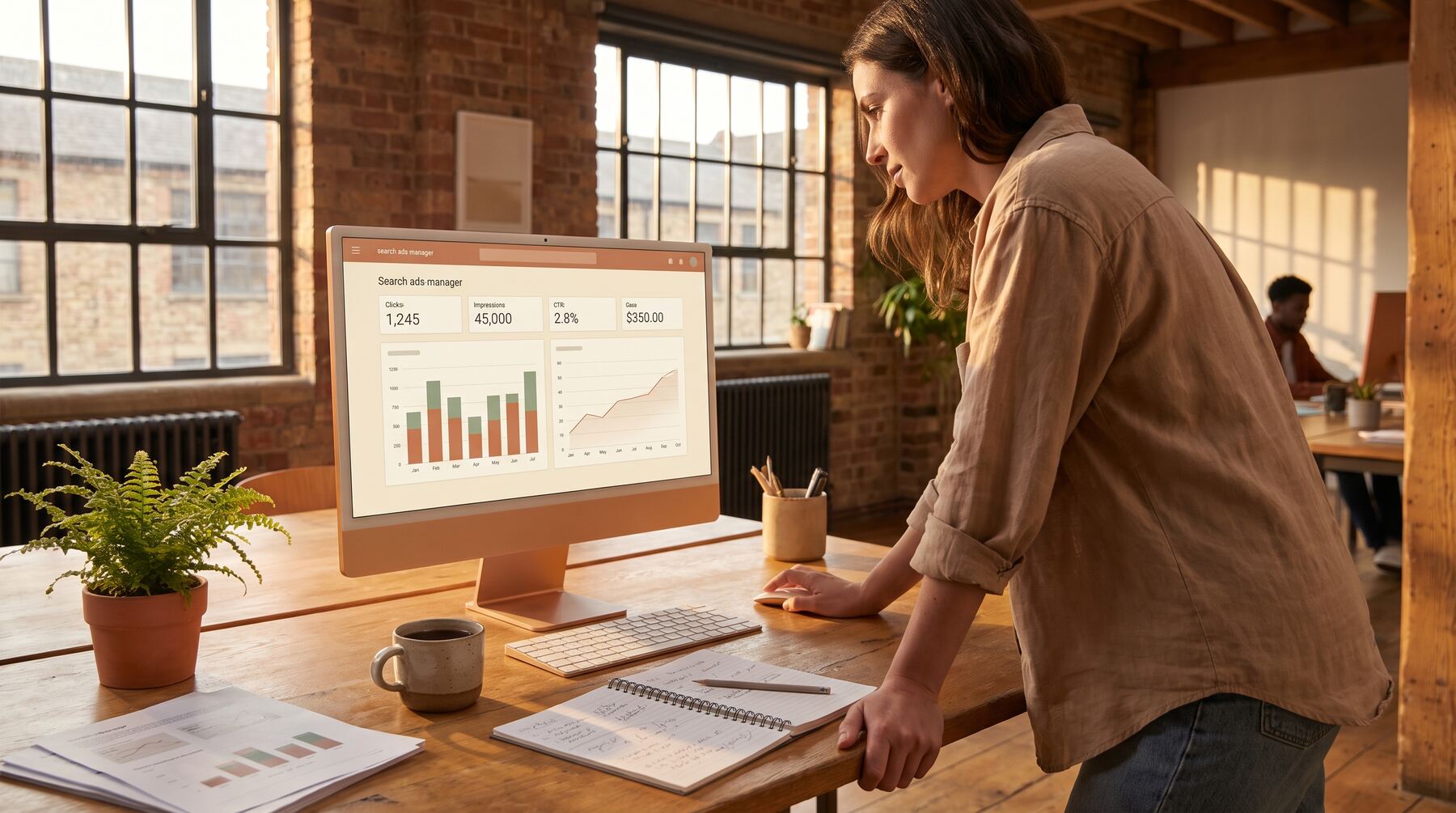 Business owner reviewing a real-time marketing dashboard with terracotta and sage charts in a warm Australian office