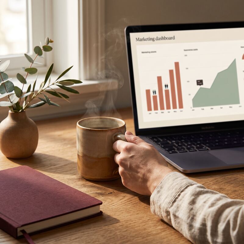 Close-up of a no-code marketing dashboard on a laptop with terracotta charts, coffee mug on a warm timber desk Close-up of a no-code marketing dashboard on a laptop with terracotta charts, coffee mug on a warm timber desk