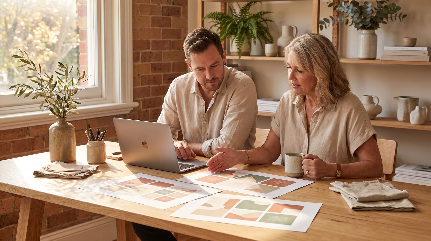 Business owner and designer comparing DIY graphics with custom brand design over printed layouts at a timber table