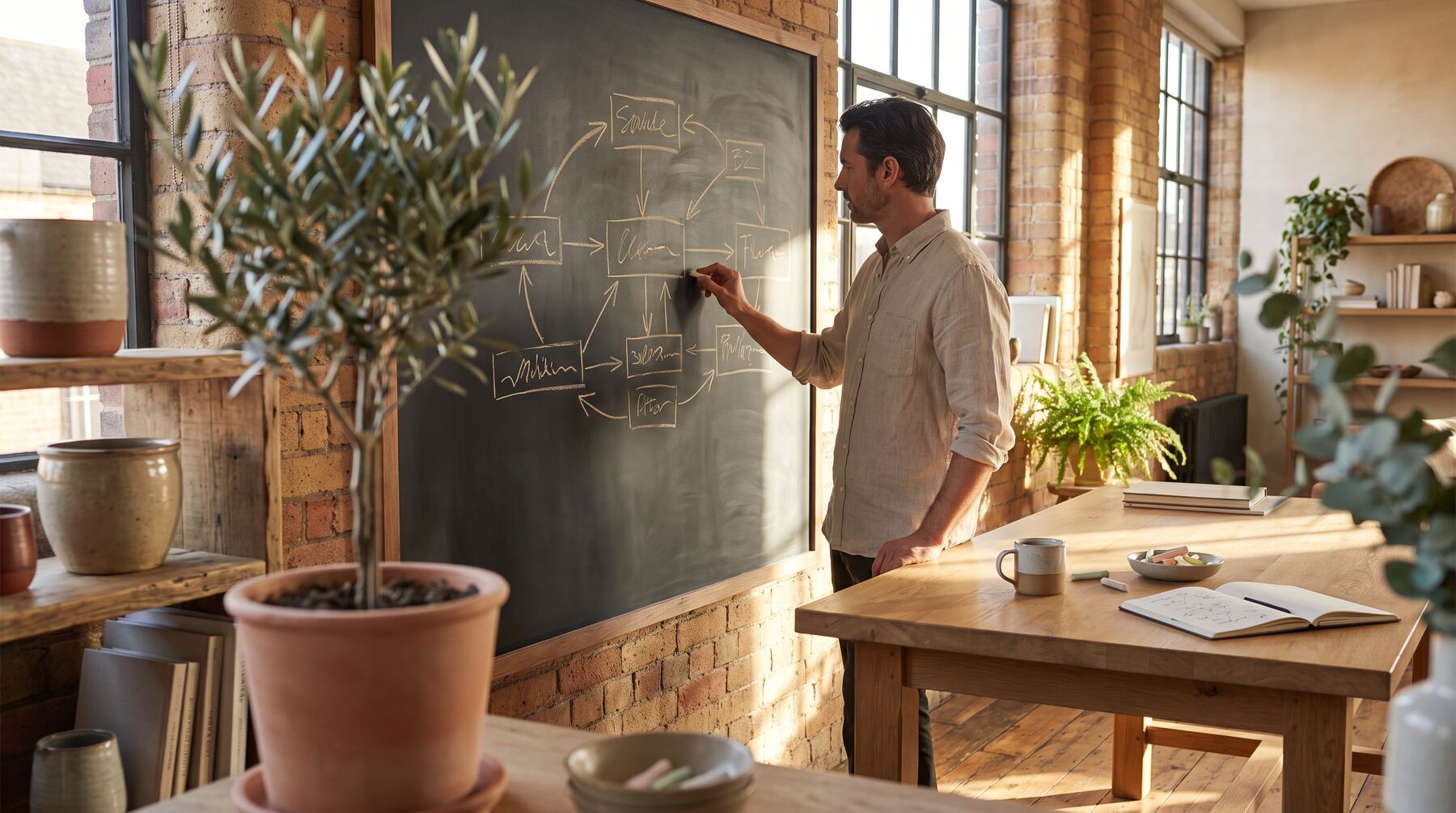 Consultant sketching a hand-drawn chalkboard diagram on slate in a warm brick office, handcrafted business graphics