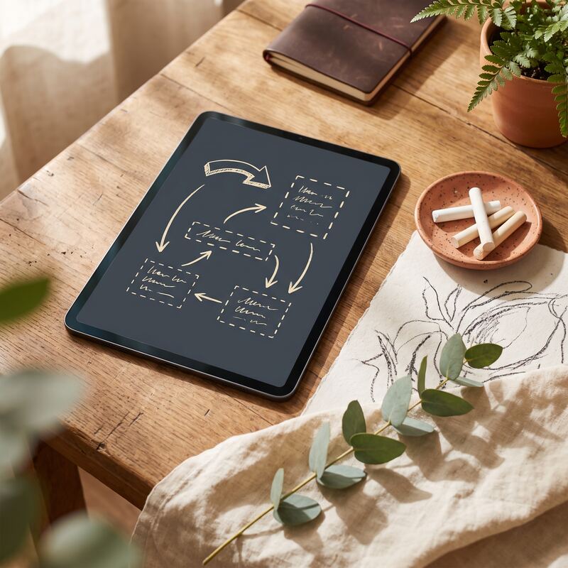 Tablet showing modern chalkboard-style sketch graphics beside real chalk on a timber desk, digital handcrafted design Tablet showing modern chalkboard-style sketch graphics beside real chalk on a timber desk, digital handcrafted design
