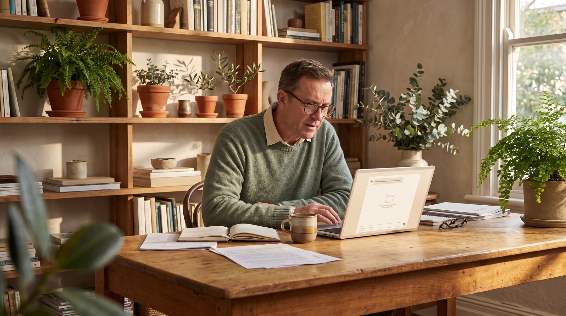 Business owner asking an AI assistant about his industry on a laptop and finding his business missing from the answer