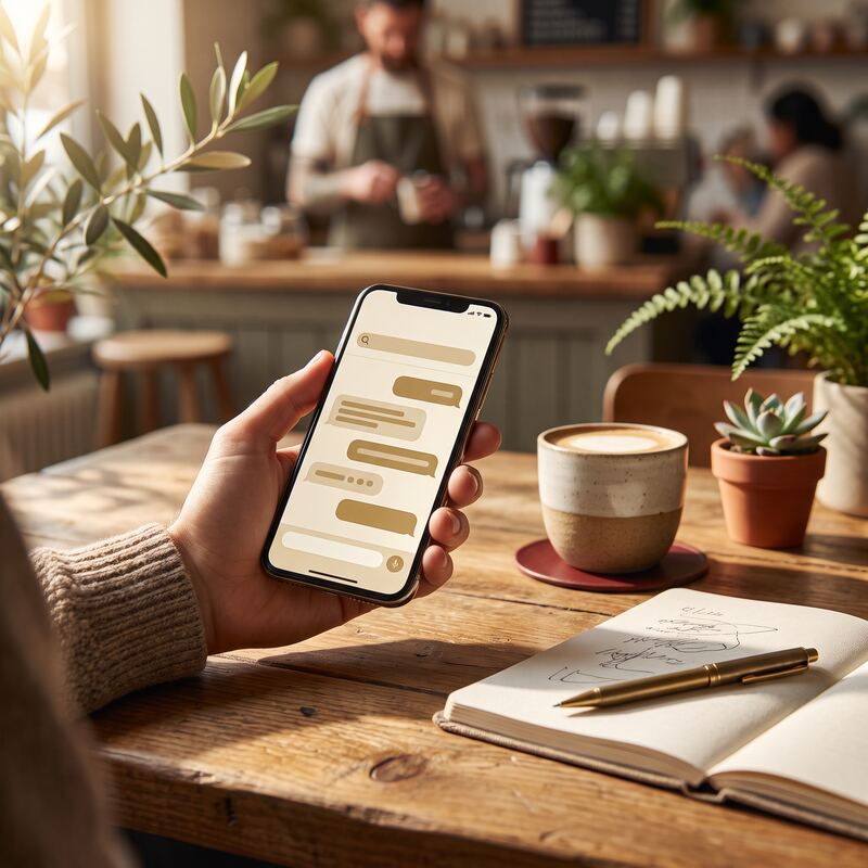 Customer asking an AI assistant on their phone for local business recommendations in a warm Perth cafe
