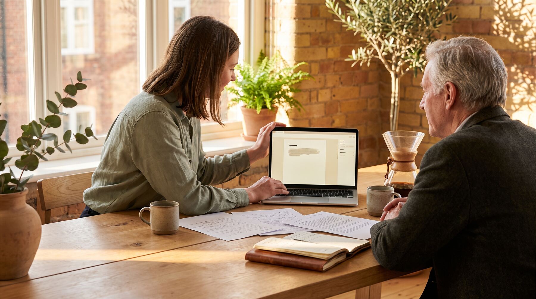 Consultant answering a business owner's questions about Claude AI over a laptop and printed notes at a timber table