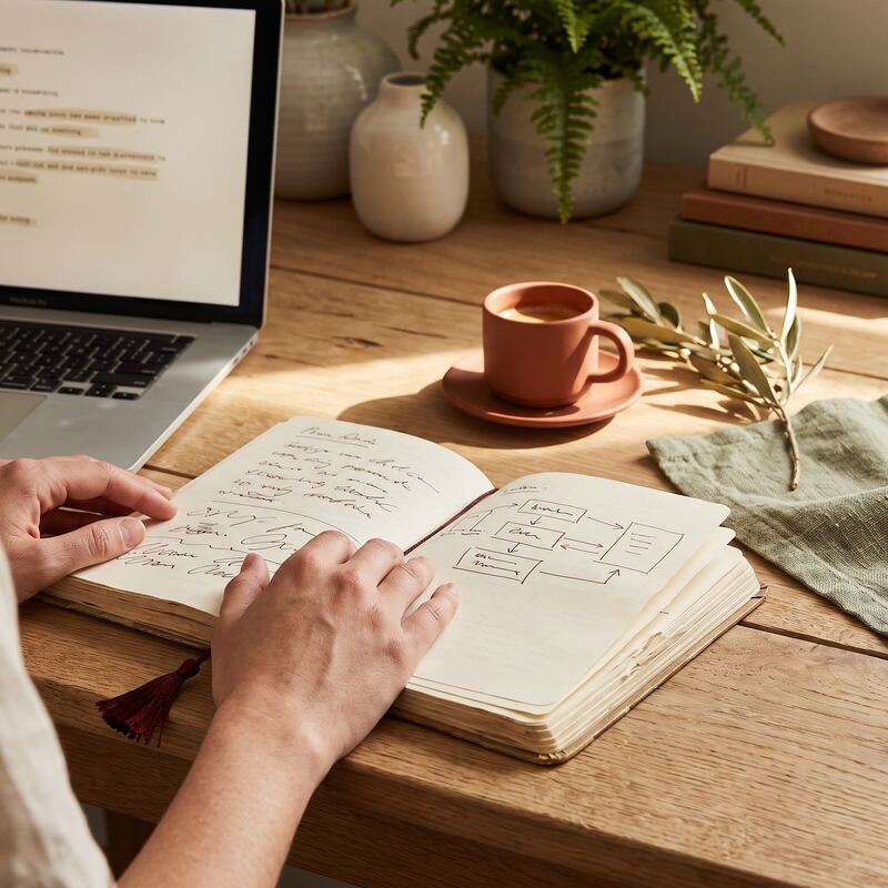 Notebook with handwritten workflow notes beside a laptop, planning reusable Claude AI Skills for business tasks Notebook with handwritten workflow notes beside a laptop, planning reusable Claude AI Skills for business tasks