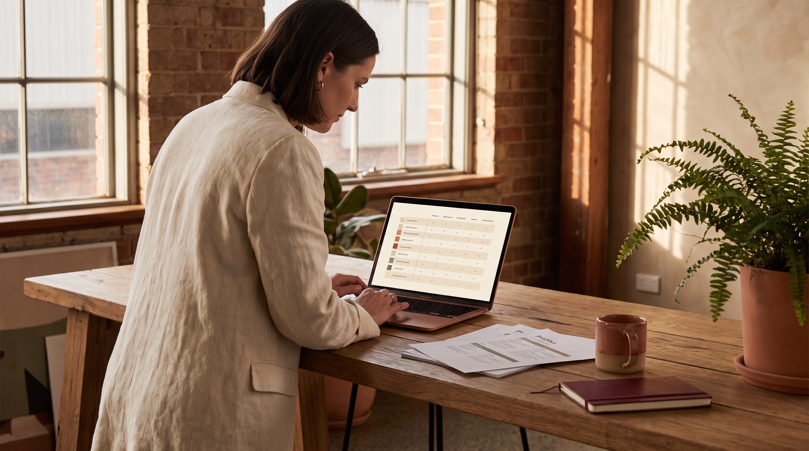Business owner reviewing an AI-generated competitor intelligence report on a laptop in a warm timber Perth office