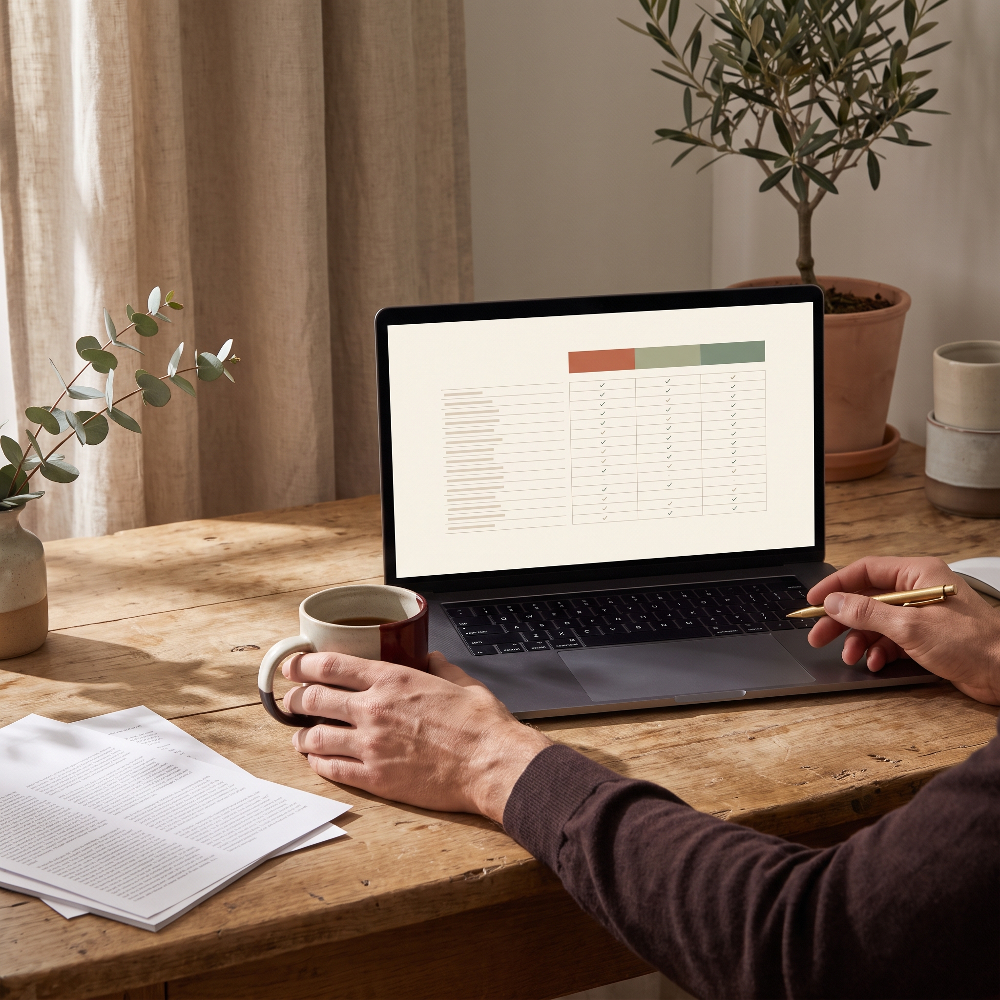 Close-up of hands reviewing a structured competitor comparison table on a laptop screen with printed notes alongside