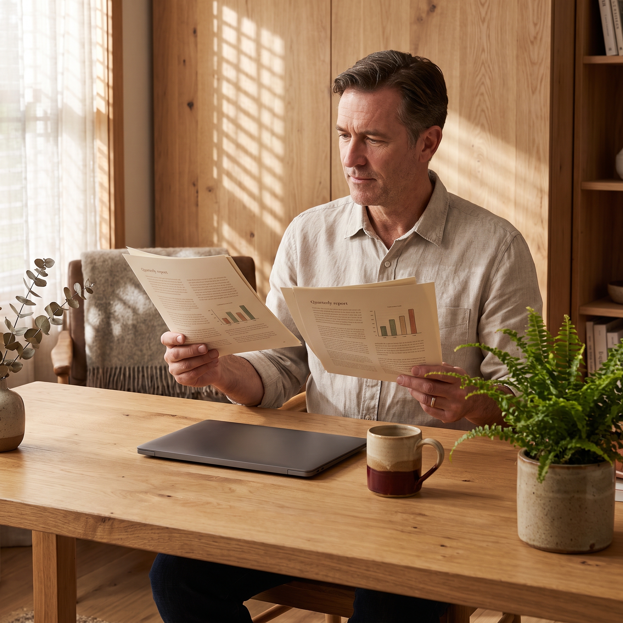 Business owner comparing two printed quarterly reports side by side at a warm timber desk in morning light
