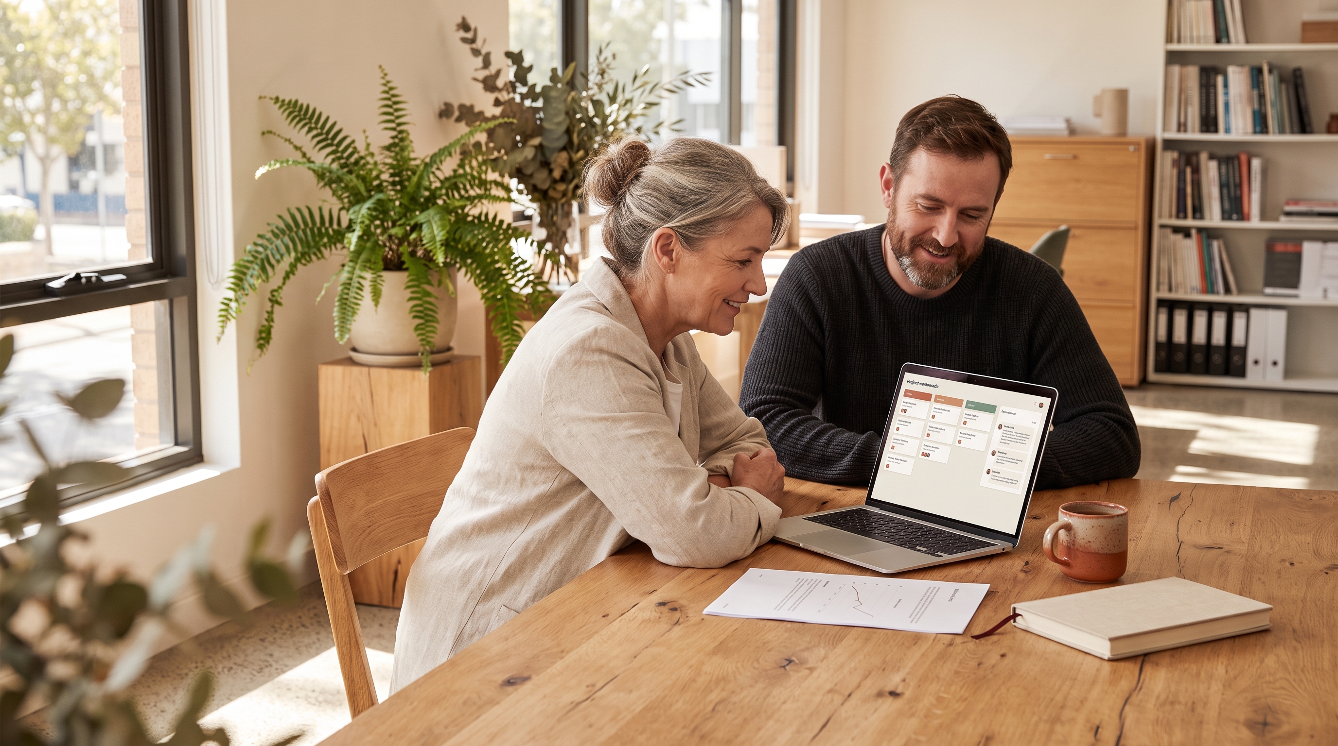 Business owner and marketing consultant reviewing a shared client workbench board on a laptop in a warm Perth office Business owner and marketing consultant reviewing a shared client workbench board on a laptop in a warm Perth office
