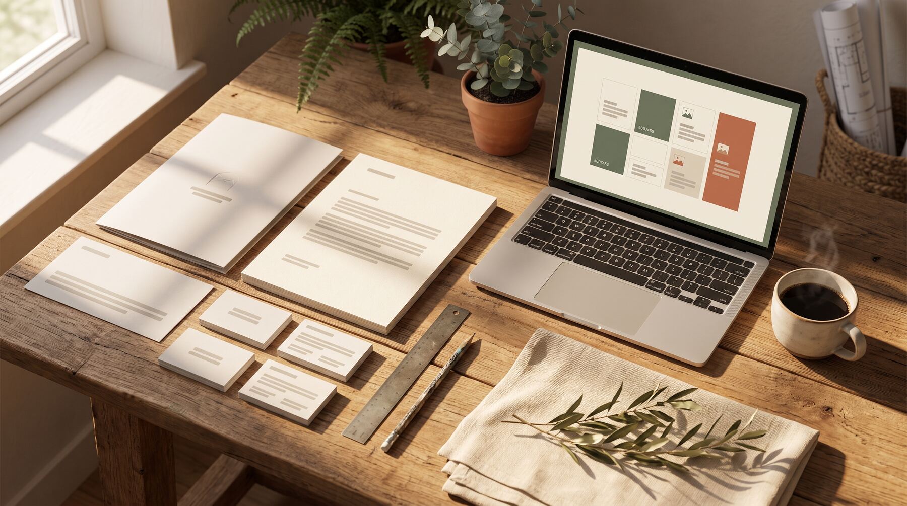 Corporate style graphics for B2B marketing laid out on a timber desk with printed brochures and grid-based layouts