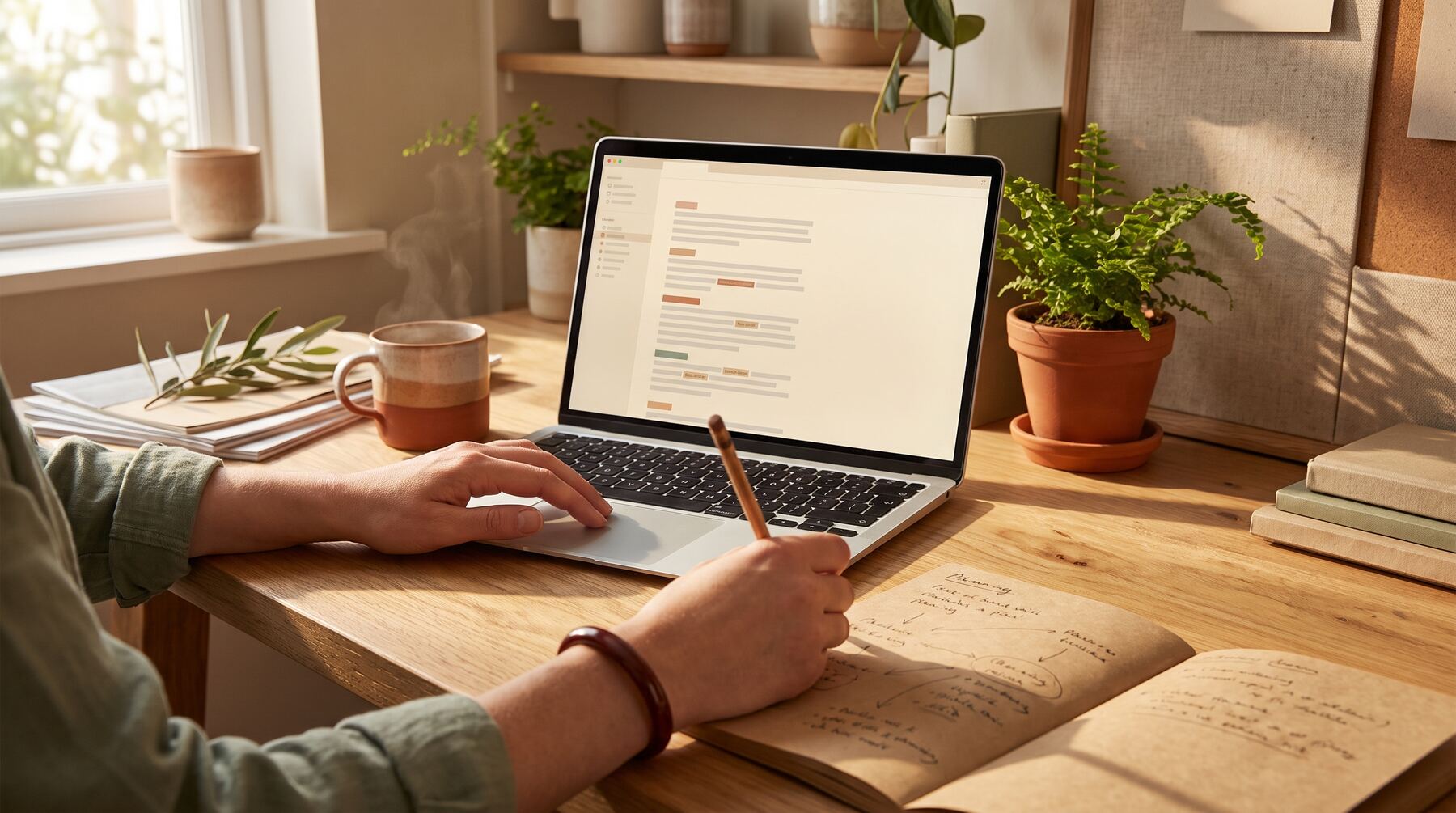 Hands writing a first Claude .SKILL.md file in a plain-English editor at a warm home office desk, step-by-step Hands writing a first Claude .SKILL.md file in a plain-English editor at a warm home office desk, step-by-step